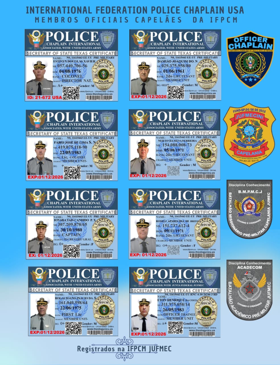 QUADRO DE MEMBROS OFICIAIS  CHAPLAIN  DA IFPCM BRASIL 